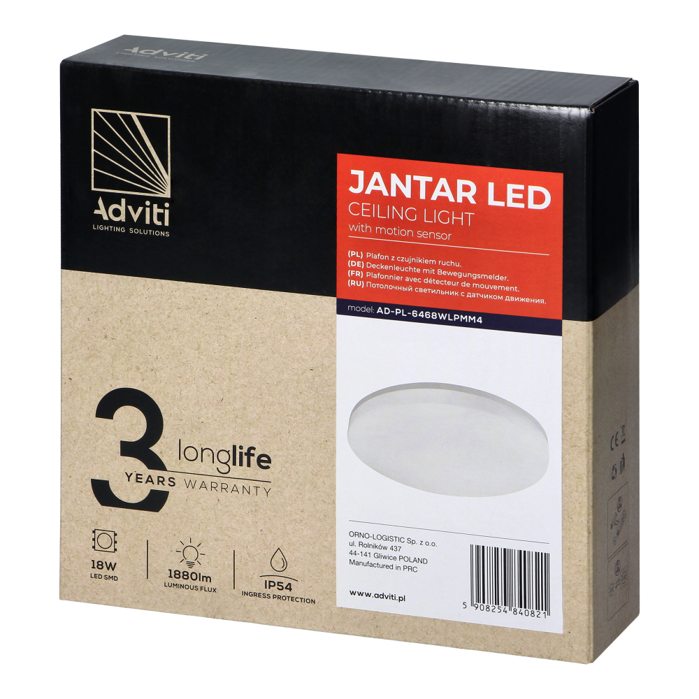 JANTAR LED 18W, ceiling light with microwave motion sensor, 1880lm, IP54, 4000K, PC lampshade